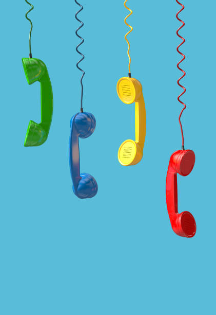 istock Different colored telephone receiver of the emergency call hangs down from above - 3d illustration 1397543317