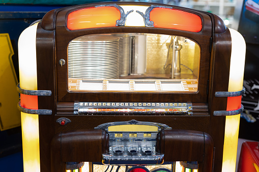 Close-up of a colorful fifties vintage jukebox