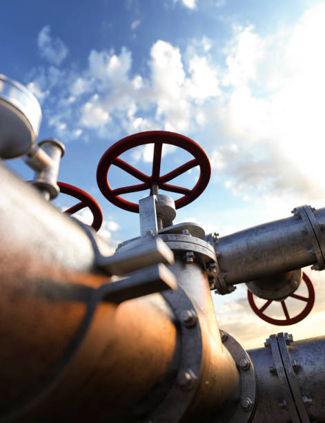 istock Oil pipeline red valves at a refinery 3d render 1397544729