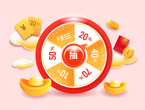 New Year's lucky red Spin the Wheel , red envelopes and ingots,Translation: lottery