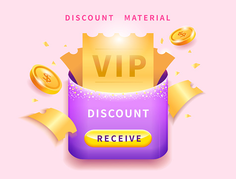 Luxury minimalist style vip coupon discount gift card with golden coins and shiny texture