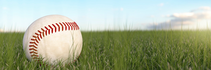 Bright white baseball in the grass close up on a summers day 3d render