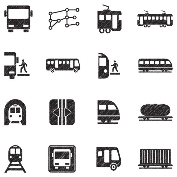 ilustraciones, imágenes clip art, dibujos animados e iconos de stock de iconos de autobús y tren. diseño de garabato negro. ilustración vectorial. - trolebús