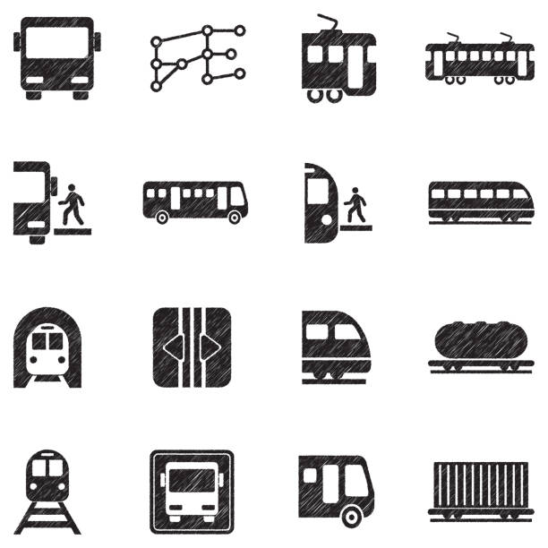 バスと電車のアイコン。ブラック落書きデザイン。ベクターイラストレーション。 - trolley bus点のイラスト素材／クリップアート素材／マンガ素材／アイコン素材