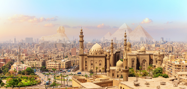 Panorama of Cairo and Famous Mosque of Sultan Hassan, Egypt.