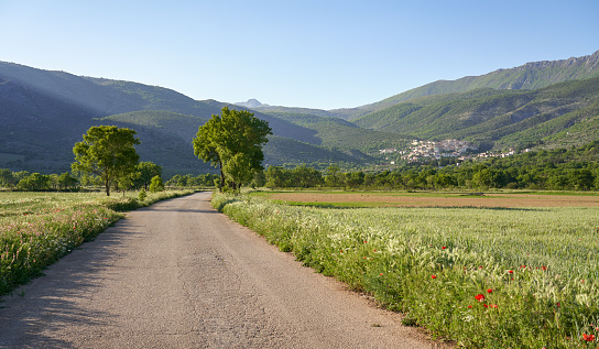 Ofena behind road and agricultural fields, L'Aquila province