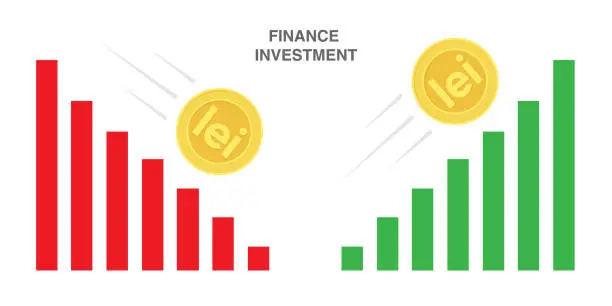 Vector illustration of Graph of growth and fall of currency, exchange rate. Rise and fall of the Romanian leu