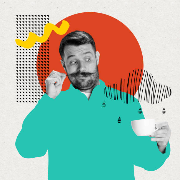 Morning coffee changes your mood. Man in bright digital outfit thinking about life on abstract background. Modern design, contemporary art collage. Inspiration, idea, ad, trendy urban magazine style.