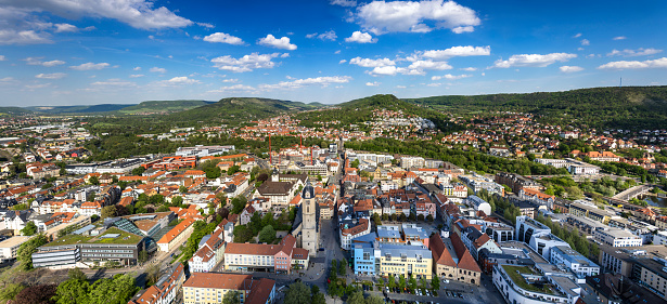 A scenic view of Linz city with Postlingberg, a high hill on the left bank of the Danube river, Austria