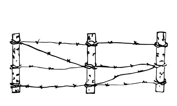 Vector illustration of Simple hand drawn black outline vector drawing. Barbed wire fence and poles. Border, forbidden, protected area. Sketch in ink.