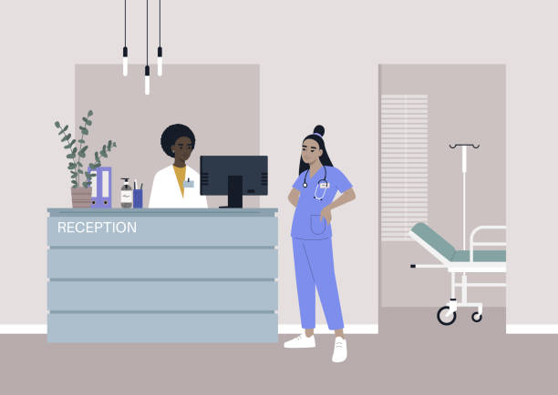 A health clinic reception, a young female Asian doctor wearing a uniform, healthcare and medicine A health clinic reception, a young female Asian doctor wearing a uniform, healthcare and medicine sports training clinic stock illustrations