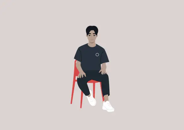 Vector illustration of A young male Asian character sitting on a red chair, a confident handsome boy