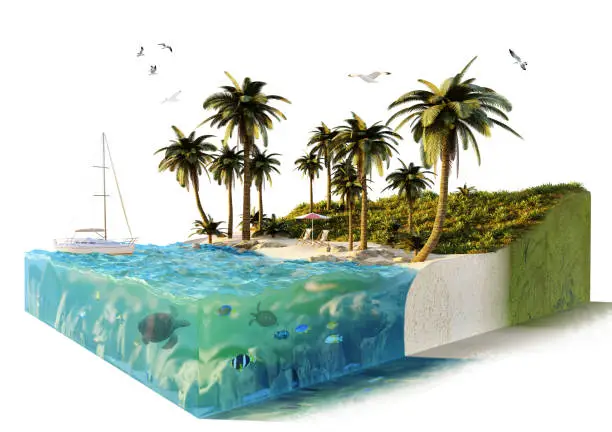 Photo of 3D render of conceptual tropical island with palm trees.