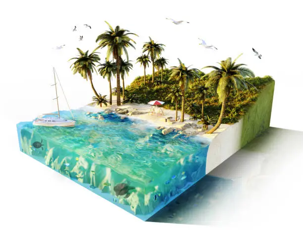 Photo of 3D illustration of tropical island with palm trees and sailboat