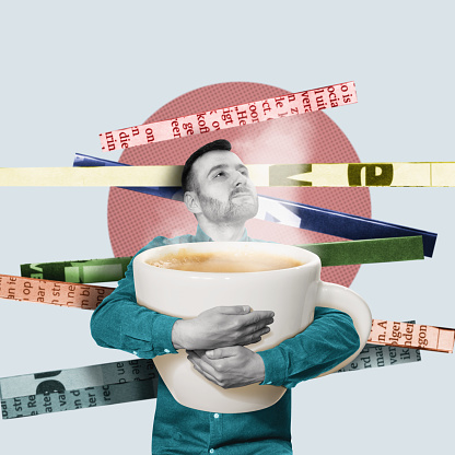 Barista with a huge cup of aromatic coffee. Art collage.