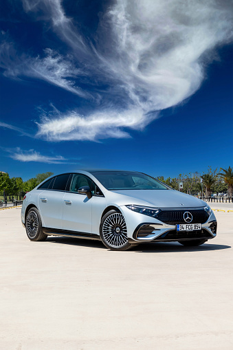 Istanbul, Turkey- May 12 2022: Mercedes EQS is a battery electric full size luxury car produced by the German automobile manufacturer Mercedes-Benz Group AG.