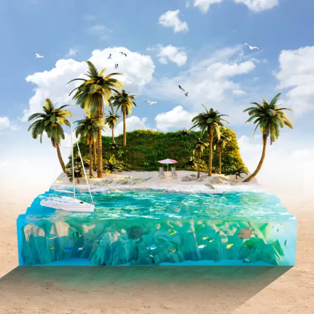 Photo of 3D render of conceptual tropical island.