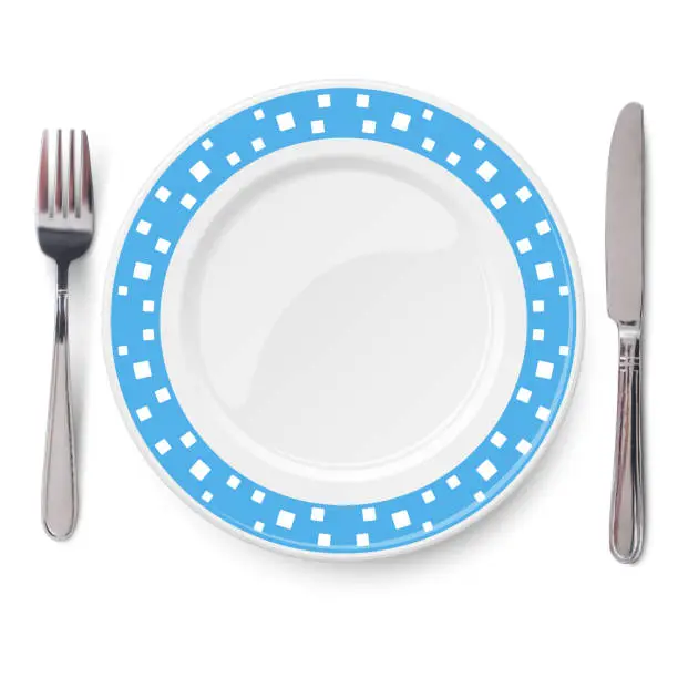 Vector illustration of Empty vector blue dish with white chaotic pattern on white background and knife and fork isolated. Close up view from above.