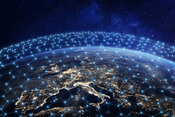 istock Global telecommunication network above Europe viewed from space. Internet connection and satellite communication technology around the world. Elements from NASA. 1397559248