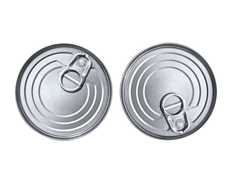 Opened and closed aluminum drink cans on white background photographed directly above