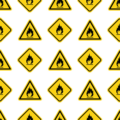Flammable signs or icons, seamless pattern. Two hazard symbols of Combustibility and Flammability. Yellow and black elements, texture on white background. Flat vector illustration