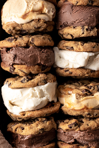 Close up of chocolate, caramel and vanilla ice cream cookie sandwiches in Boston, Massachusetts, United States
