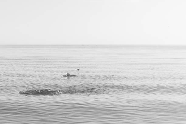 silhouette of a child playing with water by the ocean against the light in black and white. Mar del Plata. Buenos Aires. Argentina.06/02/2014