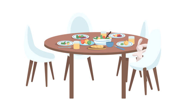 Dining table semi flat color vector element Dining table semi flat color vector element. Full sized object on white. Family routine and tradition. Served family meal simple cartoon style illustration for web graphic design and animation single dining chair stock illustrations