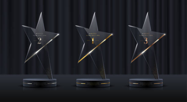 ilustrações, clipart, desenhos animados e ícones de conjunto de troféus de prêmio de vidro. modelo de prêmio transparente em forma de estrela. conceito de primeiro lugar vencedor. ilustração vetorial. - trophy award vector silver