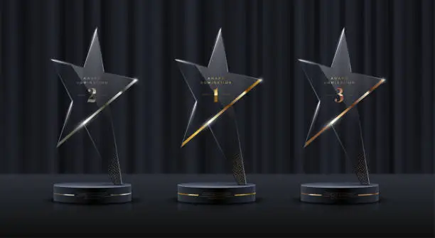 Vector illustration of Glass award trophy set. Star shape transparent prize template. Winner first place concept. Vector illustration.