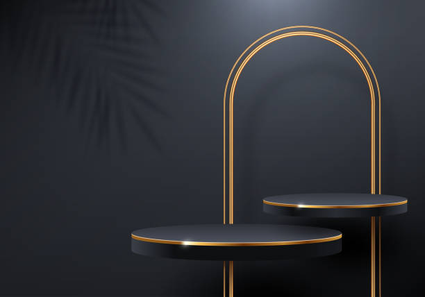 istock Black podium for premium product presentation. Podium stage with golden arch. Minimal scene with podium, Vector illustration. 1397567070