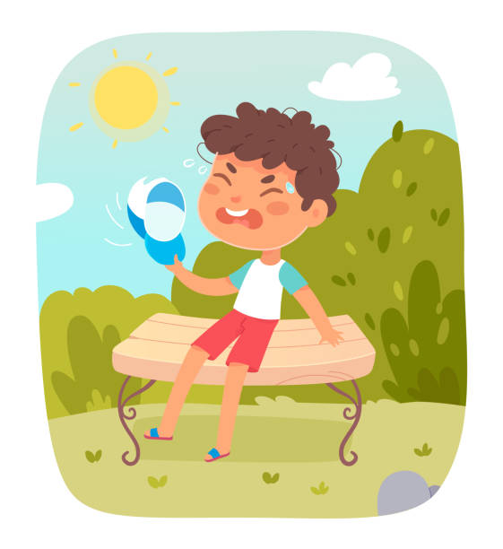 cậu bé dễ thương bị nóng, đứa trẻ nhỏ ngồi trên băng ghế công viên dưới ánh mặt trời, vẫy mũ - sad boy outside hình minh họa sẵn có