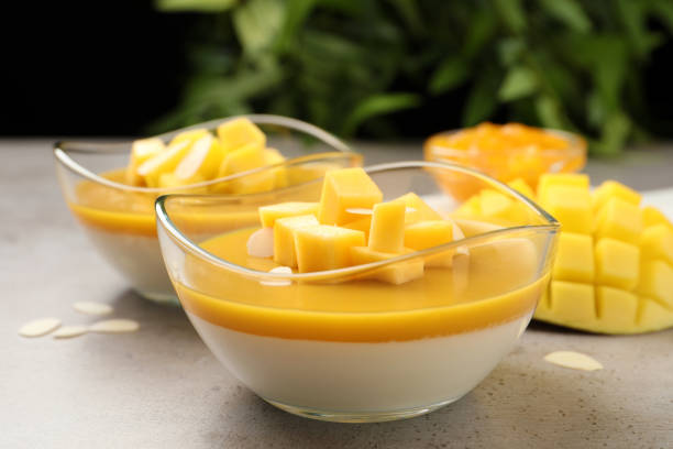 délicieuse panna cotta avec coulis de mangue et morceaux de fruits frais sur table grise - frutis exotiques photos et images de collection