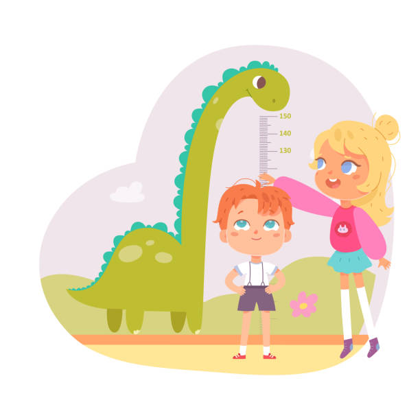 Kids friends measure height with ruler and cheerful dinosaur vector illustration. Cartoon girl standing with baby boy, chart of progress growth with scale in centimeters and animal isolated on white. Kids friends measure height with ruler and cheerful dinosaur vector illustration. Cartoon girl standing with baby boy, chart of progress growth with scale in centimeters and animal isolated on white boy height measure stock illustrations