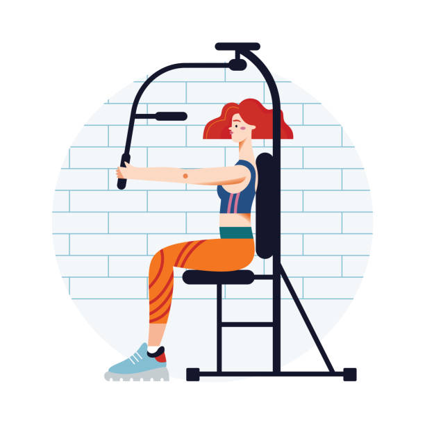 ilustrações, clipart, desenhos animados e ícones de mulher treinando com equipamentos de ginástica, garota esportiva ativa fazendo treino atlético no banco - sports training muscular build women body care