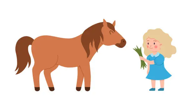 Vector illustration of Child feeding grass pony horse, flat cartoon vector illustration isolated.