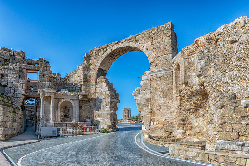 Ruins of the ancient main gate in Side, Turkey