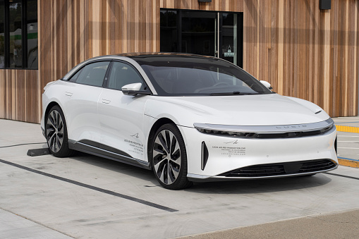Millbrae, CA, USA - May 5, 2022: A Lucid Air pre production electric car is displayed at a Lucid showroom in Millbrae, California. Lucid Group, Inc. is an EV manufacturer based in Newark, California.