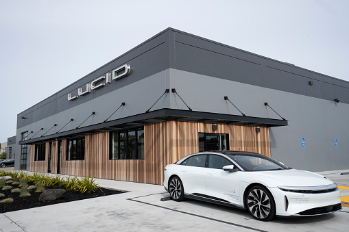Millbrae, CA, USA - May 5, 2022: A Lucid Air pre production electric car is seen on display outside a Lucid showroom in Millbrae, California. Lucid Group, Inc. is an electric vehicle manufacturer headquartered in Newark, California.