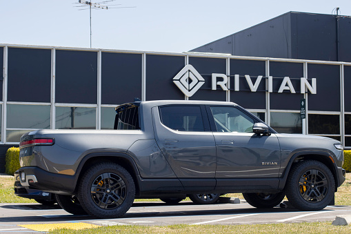 South San Francisco, CA, USA - May 1, 2022: A new Rivian R1T truck is seen at a Rivian service center in South San Francisco, California. Rivian Automotive, Inc. is an electric vehicle automaker.