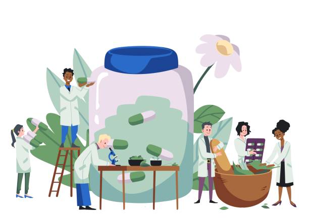 People making herbal medicines and put pills in huge glass jar flat style People making herbal medicines and put pills in huge glass jar flat style, vector illustration isolated on white background. Characters in white coats. Homeopathy concept prep medicine stock illustrations