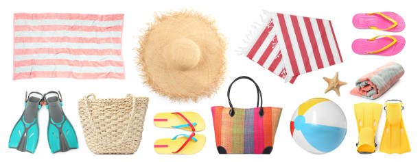 istock Set with towels and other beach accessories on white background. Banner design 1397572199