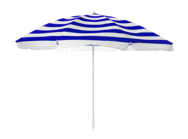 istock Open striped beach umbrella isolated on white 1397572721
