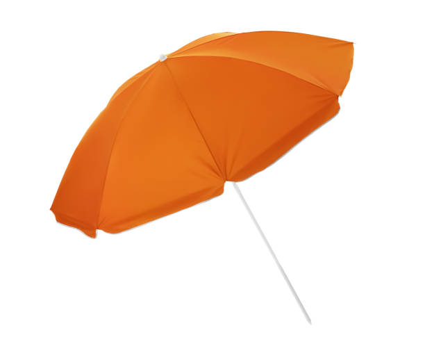 istock Open orange beach umbrella isolated on white 1397572723