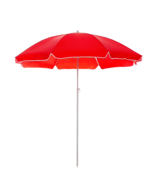 istock Open red beach umbrella isolated on white 1397572730
