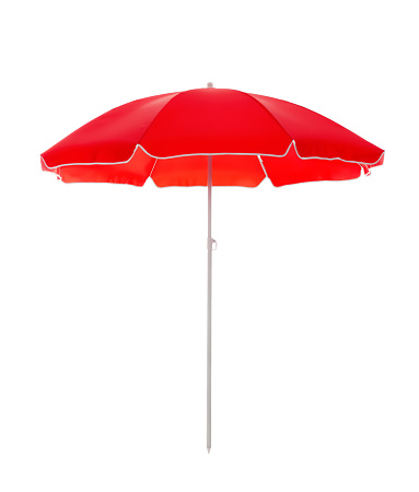 Open red beach umbrella isolated on white