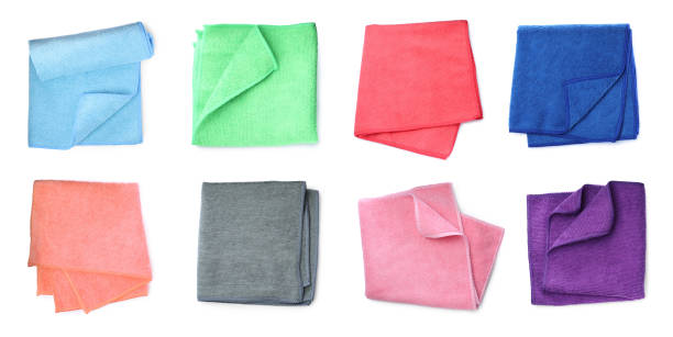 istock Set with color microfiber cloths on white background, top view. Banner design 1397572755