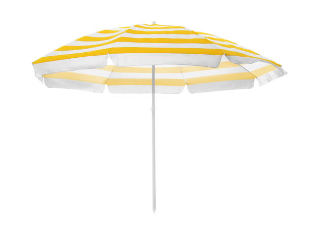 istock Open striped beach umbrella isolated on white 1397572792