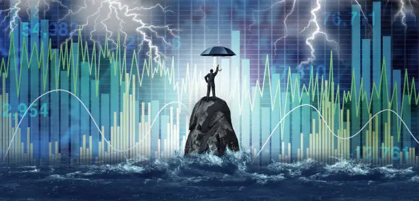 Market turbulence and financial crisis security concept as a volatile stock market with price volatility as a businessman holding an umbrella as a business symbol for wealth management with 3D illustration elements.