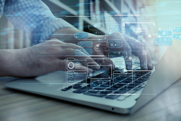 istock Student using laptop in library and illustration of virtual icons. Educational technology 1397574506